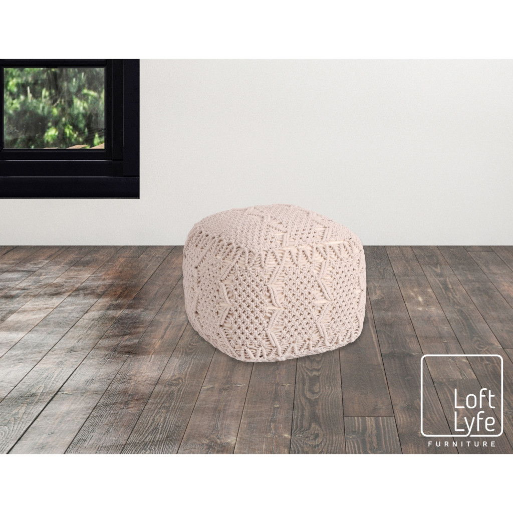 Cotton Blend Pouf Ottoman - Ivory