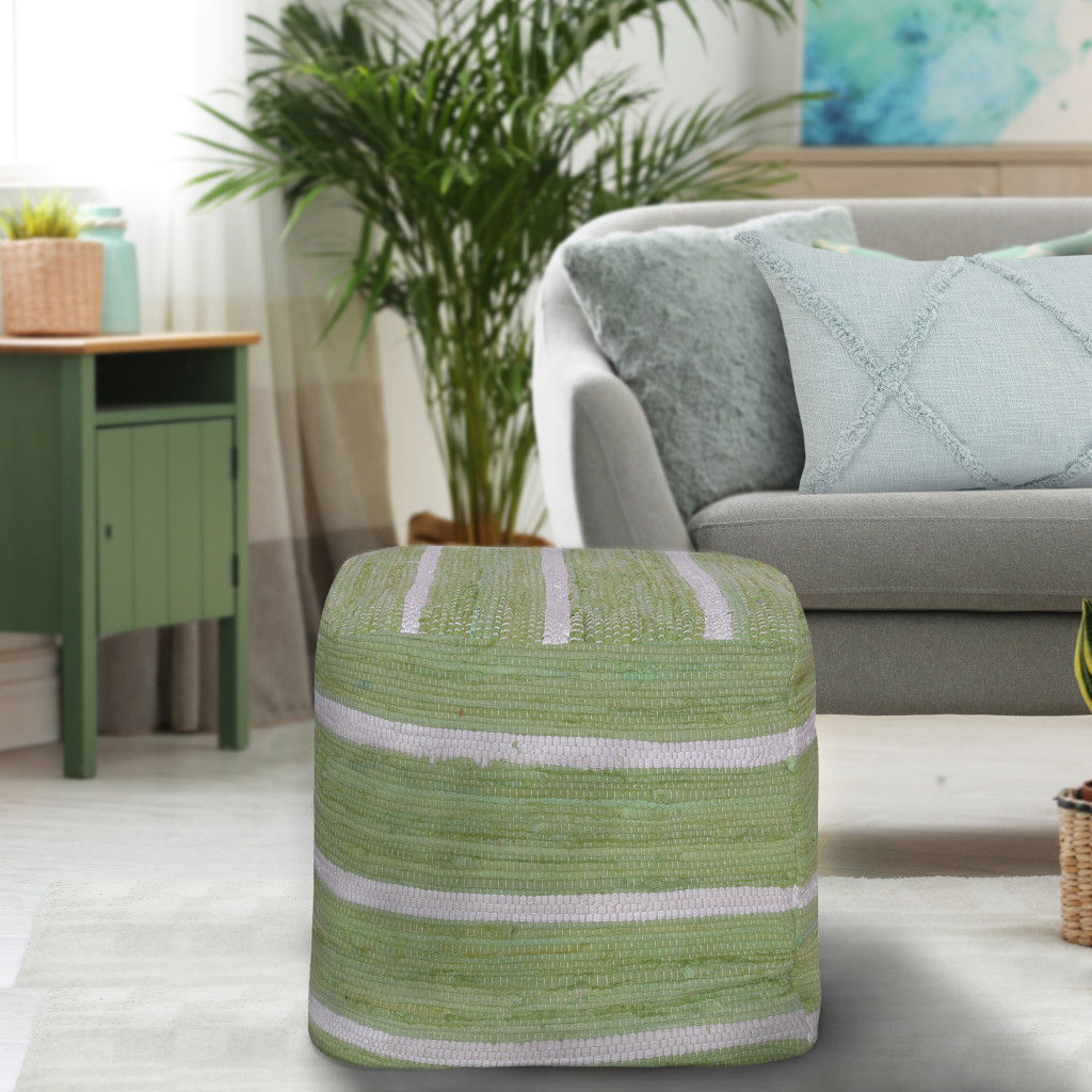 Cotton Cube Striped Pouf Ottoman - Green