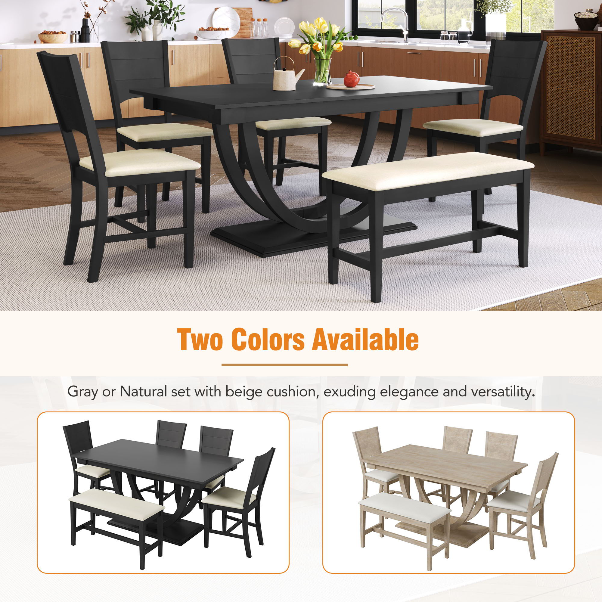 Topmax - 6 Piece Wood Half Round Dining Table Set Kitchen Table Set With Long Bench And 4 Dining Chairs, Modern Style