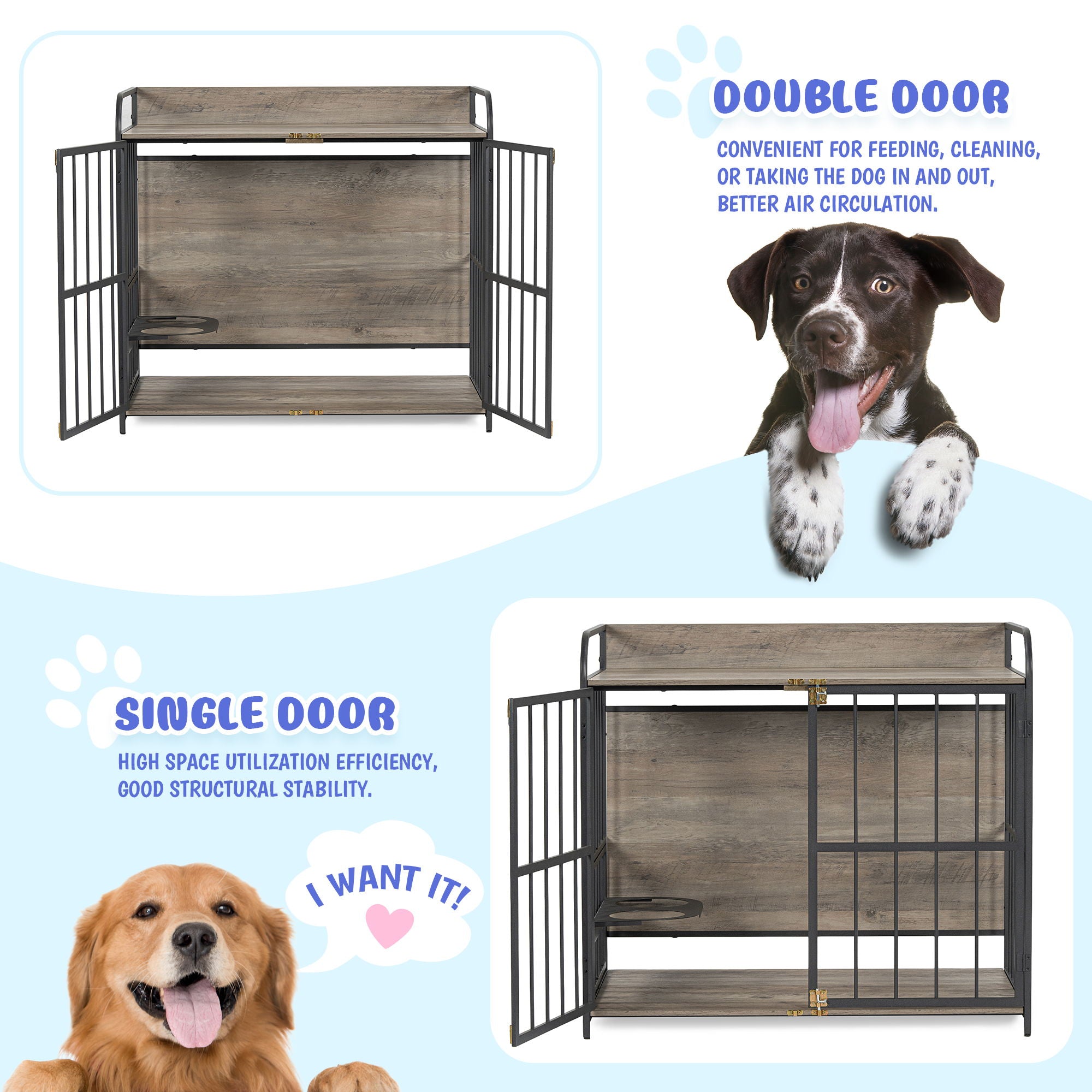 Indoor Metal Dog Crate With Double Doors, Wooden Side End Table Crate, Dog Crate Furniture With Adjustable Feeder Stand, For Medium Dog - Gray