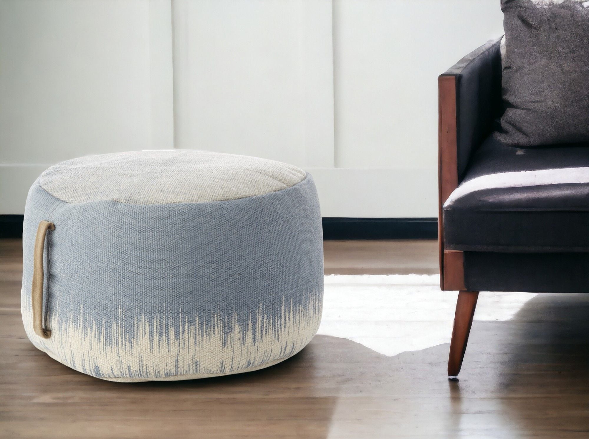 Round Abstract Pouf Ottoman - Blue / White