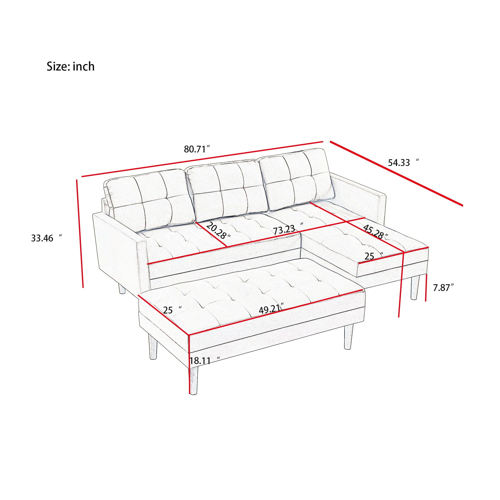 Right Facing Sectional Sofa Bed, L-Shape Sofa Chaise Lounge With Ottoman Bench