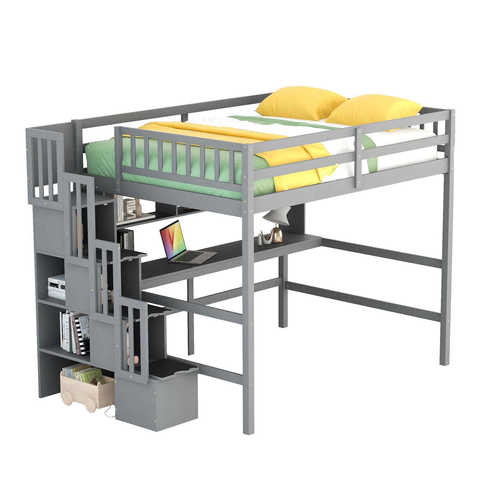 High Loft Bed With Built-In Desk, Ladder Platform, Ladders, Guardrails