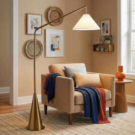 Lisbon - Floor Lamp With On / Off Switch Coned Base Hanging Shade - Antique Brass / White - view 6