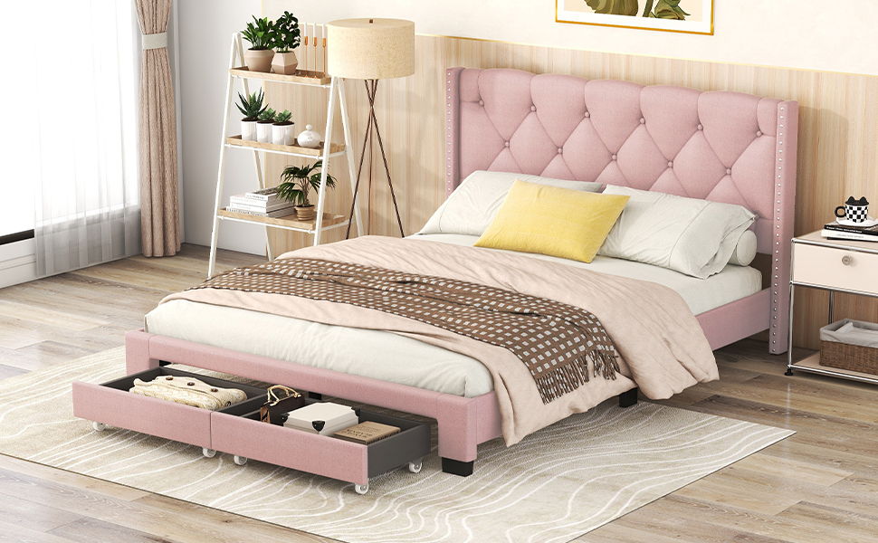 Queen Size Storage Bed Linen Upholstered Platform Bed With Two Drawers - Pink