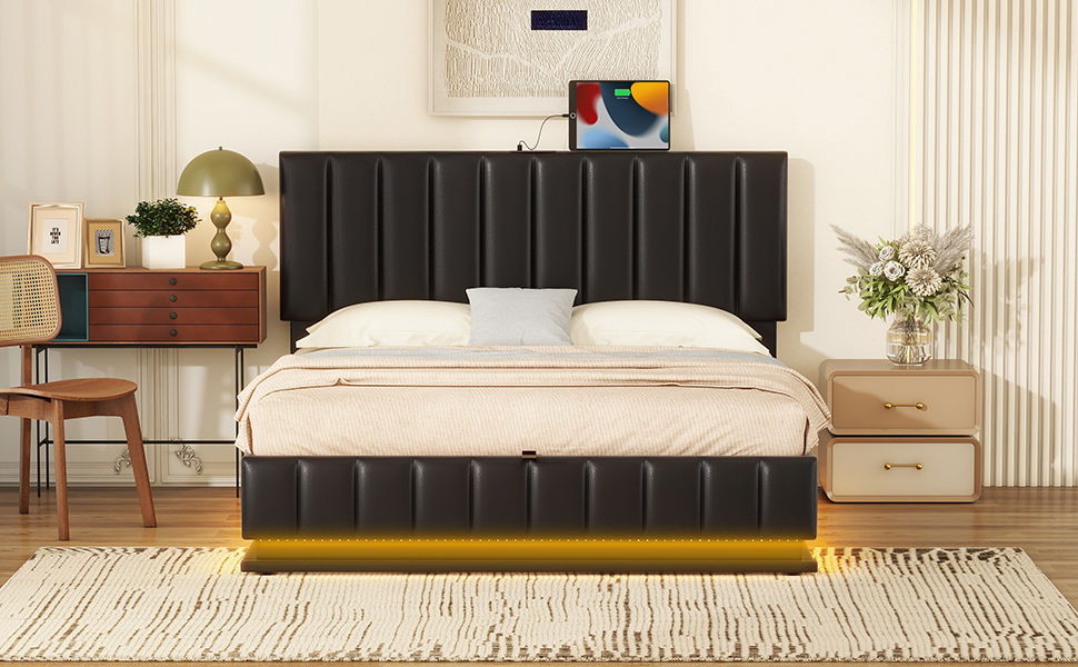 Queen Size Upholstered Bed With Hydraulic Storage System And LED Light, Modern Platform Bed With Sockets And USB Ports