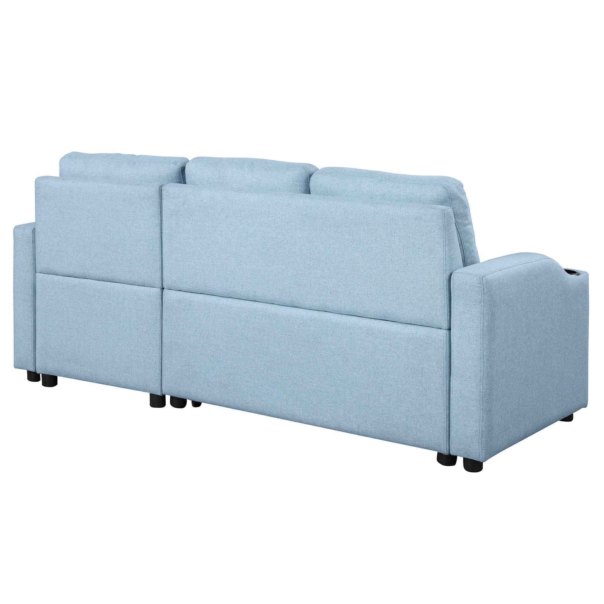 Pull Out Sofa Bed Modern Padded Upholstered Sofa Bed, Linen Fabric 3 Seater Couch With Storage Chaise And Cup Holder, Small Couch For Small Spaces