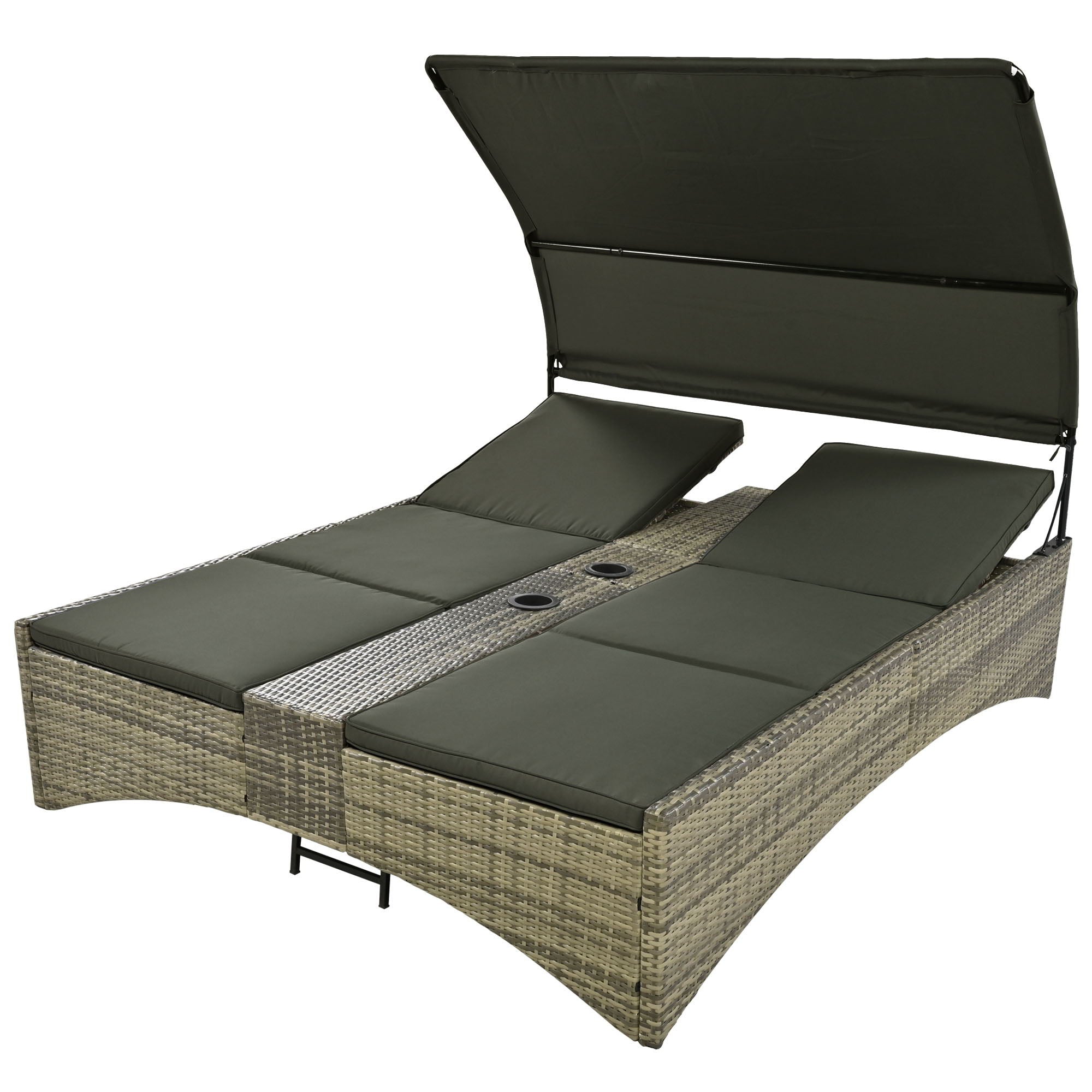 Patio Daybed Outdoor Daybed Sun Lounger With Shelter Roof With Adjustable Backrest, Storage Box And 2 Cup Holders For Patio, Balcony, Poolside