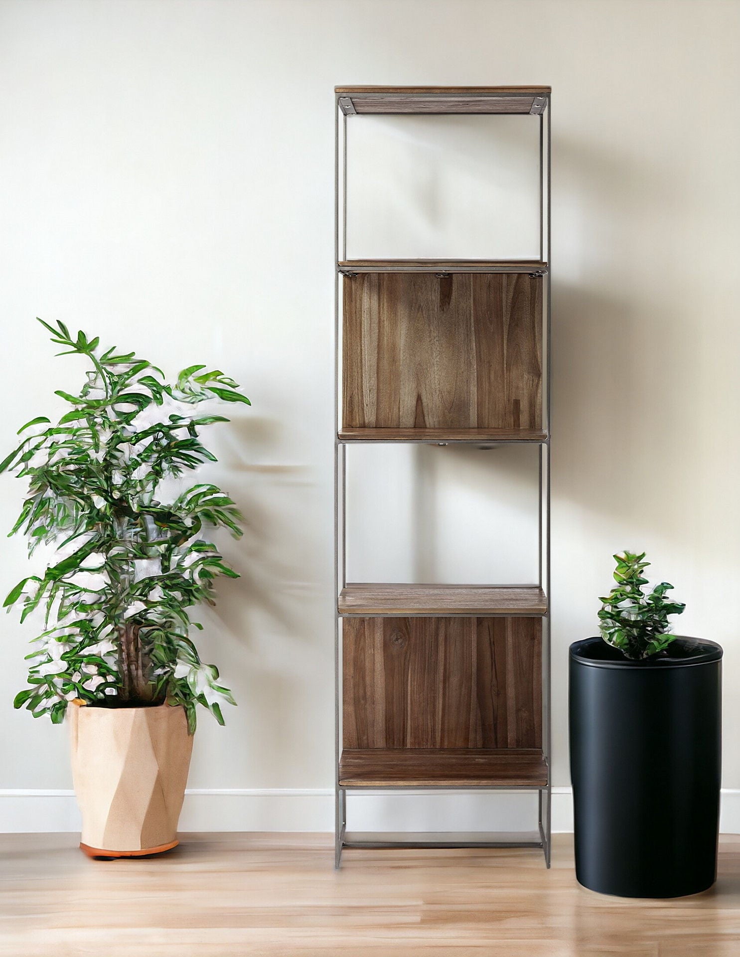 Wood And Silver Metal Frame With 4 Shelf Shelving Unit - Brown