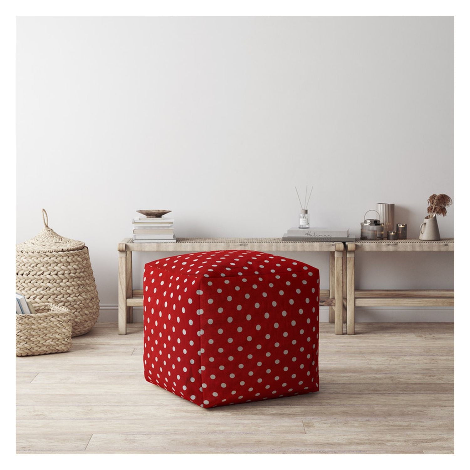 Cotton Polka Dots Pouf Ottoman - Red