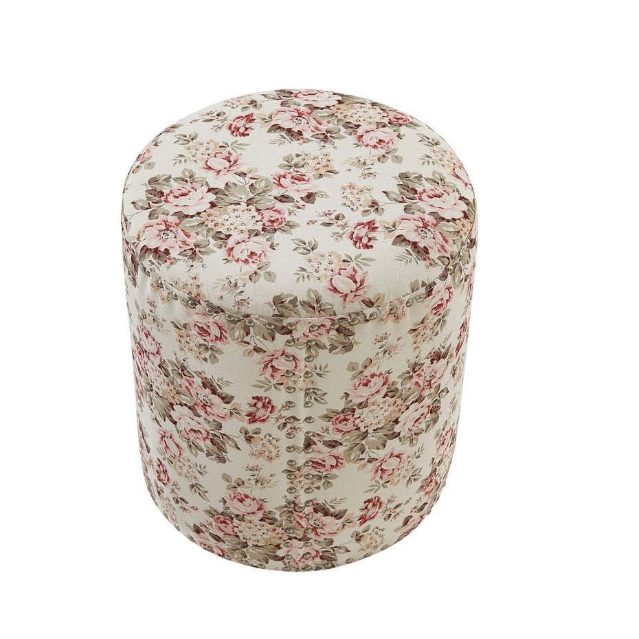 Linen Round Floral Ottoman - Ivory