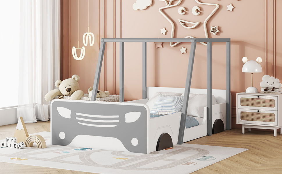 Twin Size Car-Shaped Bed With Roof, Wooden Twin Floor Bed With Wheels And Door Design, Montessori Inspired Bedroom