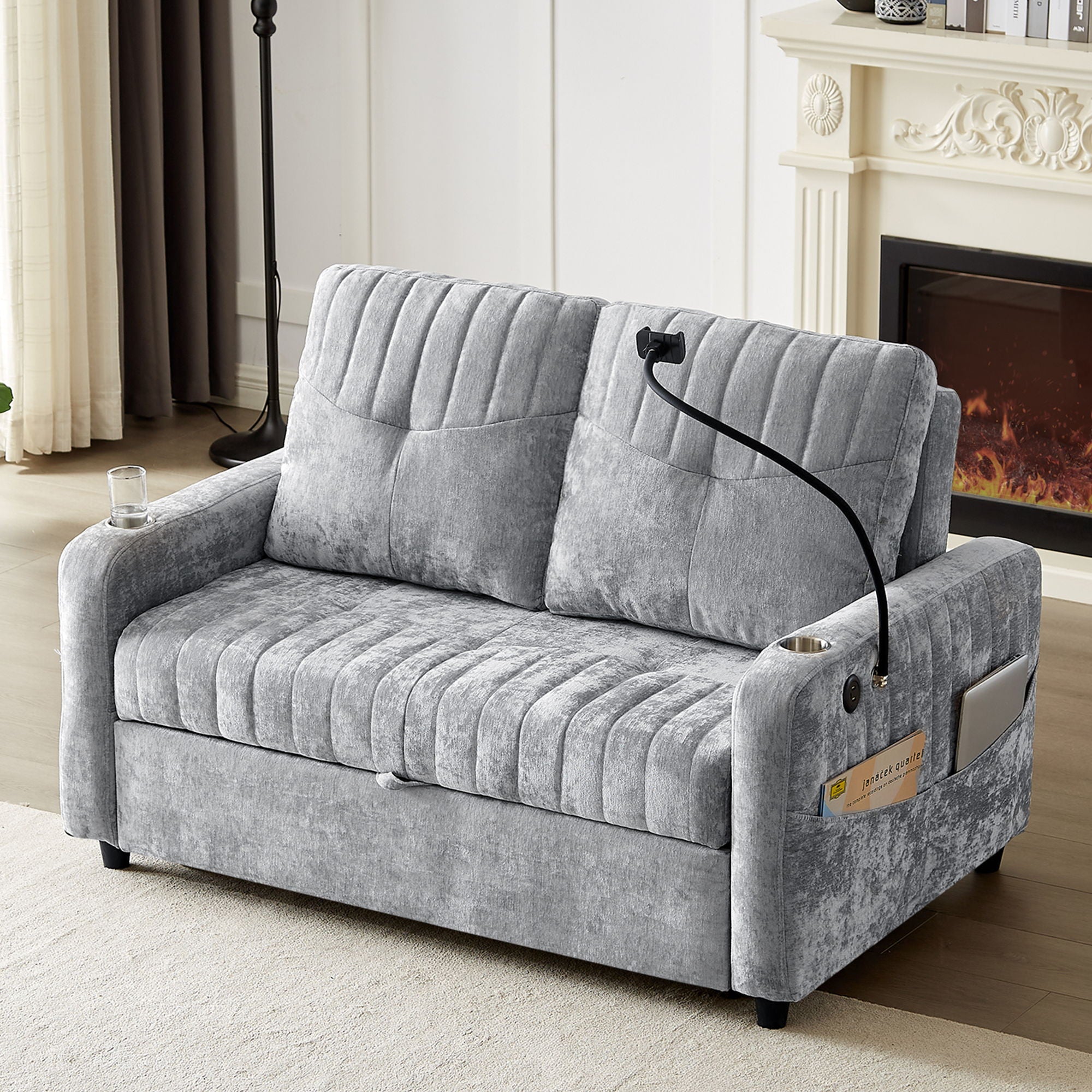 Modern Loveseat Pull Out Sofa Bed With Adjustable Backrest, Two Cup Holders, A Phone Holder, Three Charging Ports And Side Storage Pockets For Living Room