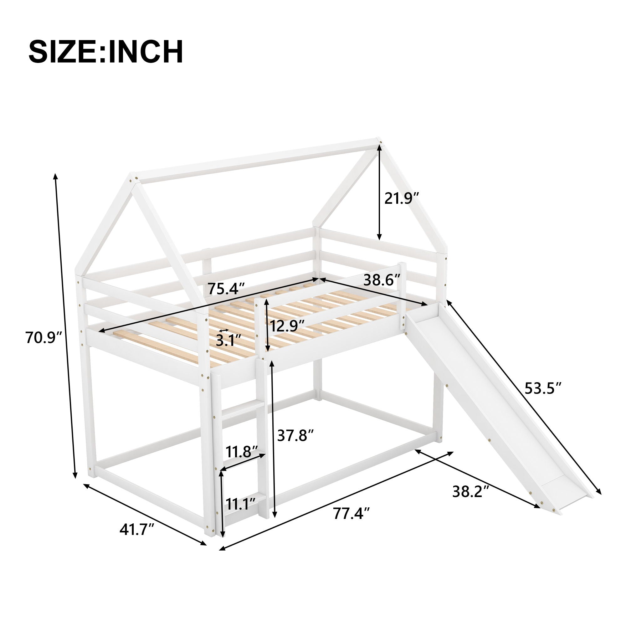 Twin Size Bunk House Bed With Slide And Ladder - White