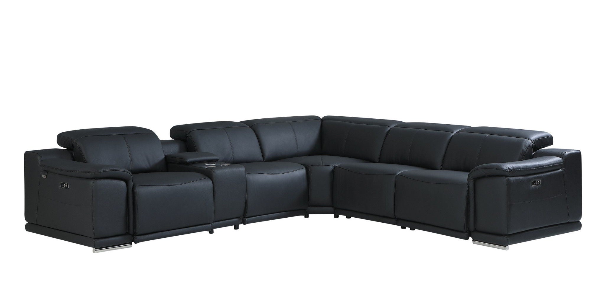 Italian Leather Power Reclining U Shaped Six Piece Corner Sectional With Console - Black