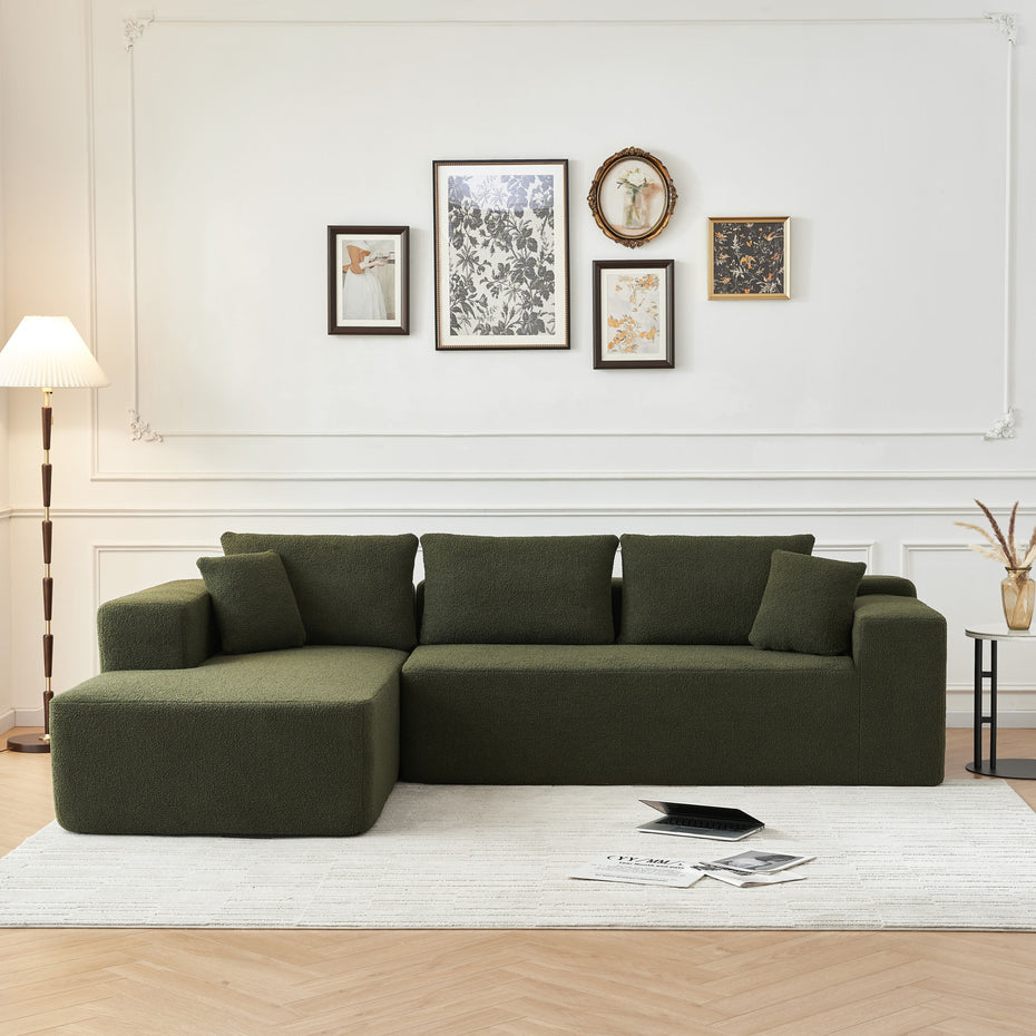 Sponge Sectional Sofa Couch For Living Room, L Shaped Modern Lamb Modular High Density Sponge Floor Sofa, Sherpa Fabric Sofa Couch With Chaise Lounge, Upholstered Corner Cloud Couch - Green