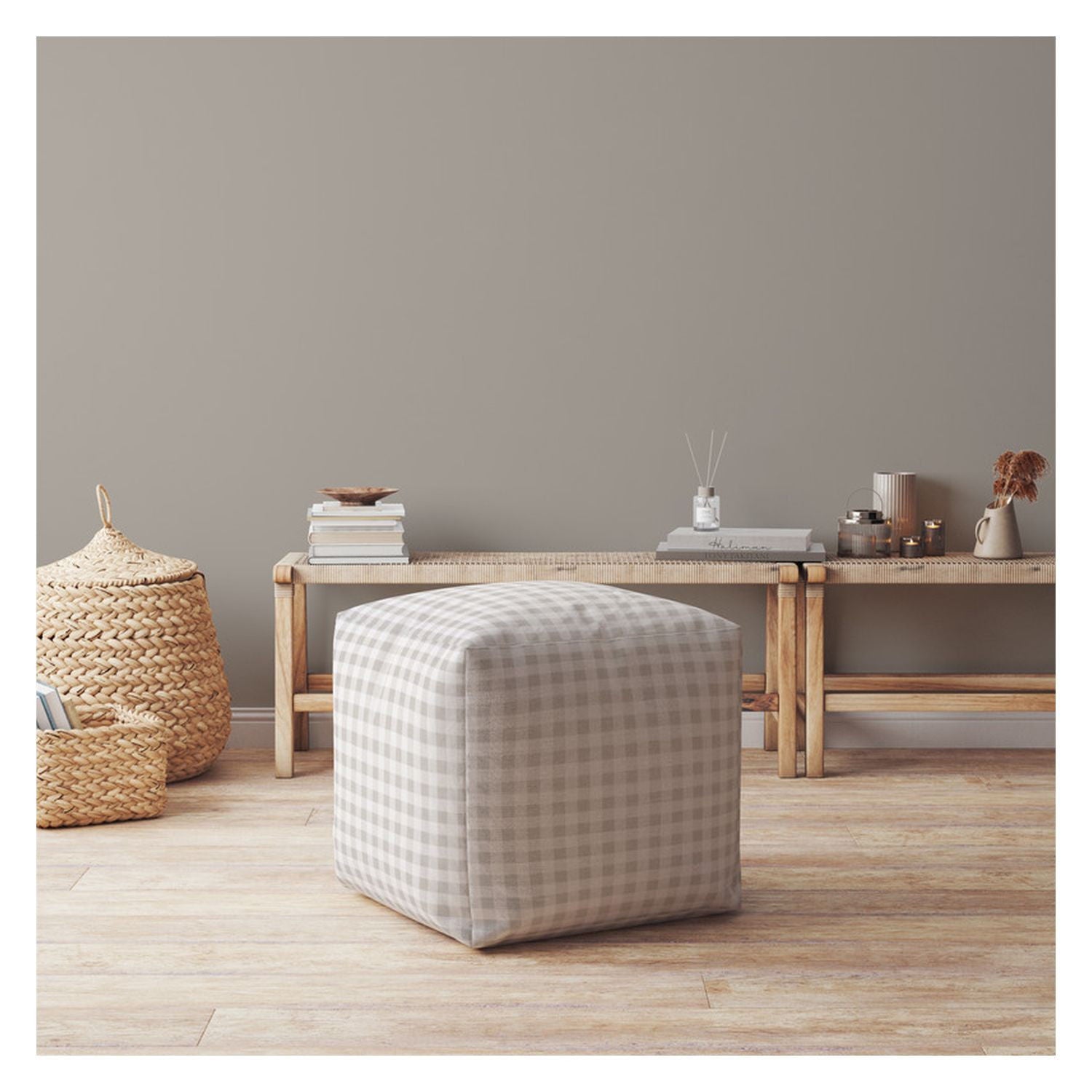 Cotton Gingham Pouf Ottoman - Gray