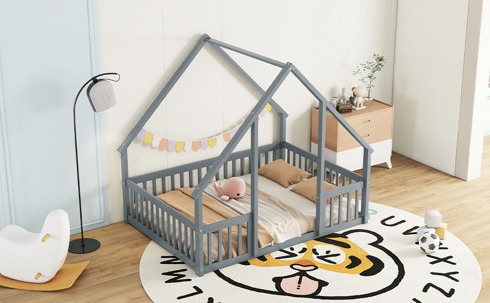 Wood House-Shaped Floor Bed With Fence, Guardrails