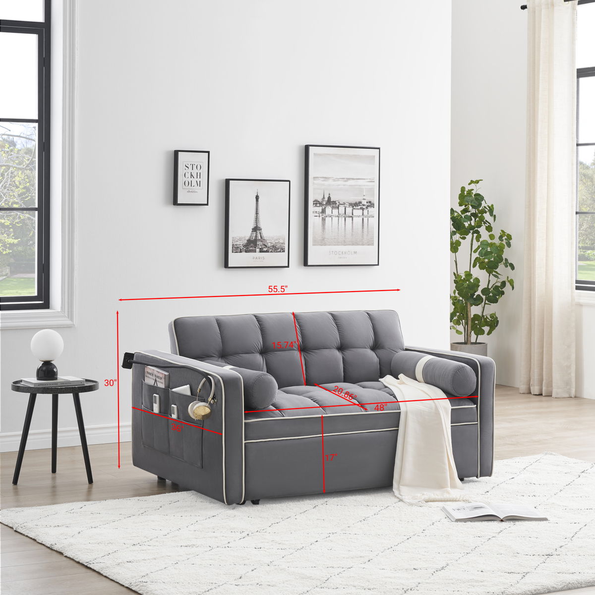 Modern Convertible Sleeper Sofa Couch With Pull Out Bed With Pillows & Side Pockets For Small Space, Living Room