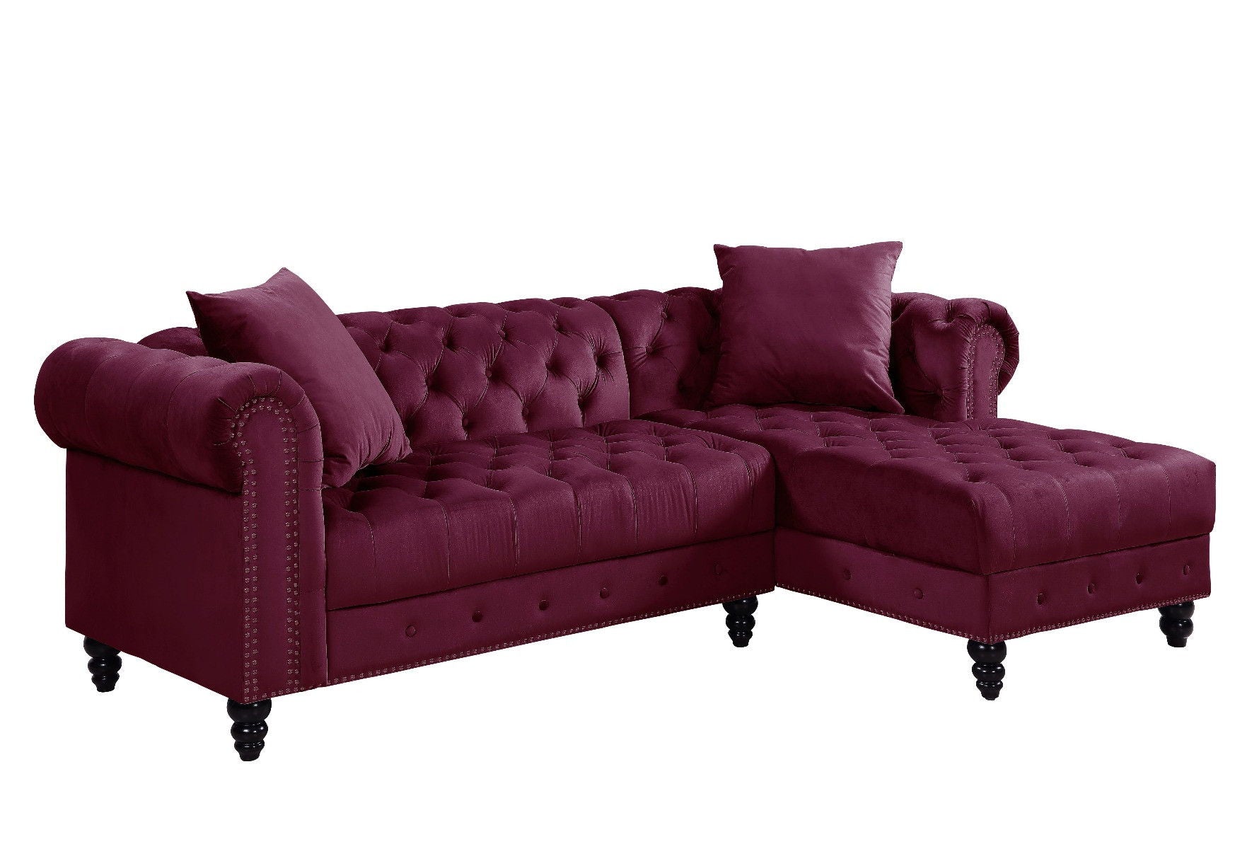 Velvet L Shaped Sofa And Chaise Sectional And Toss Pillows - Red