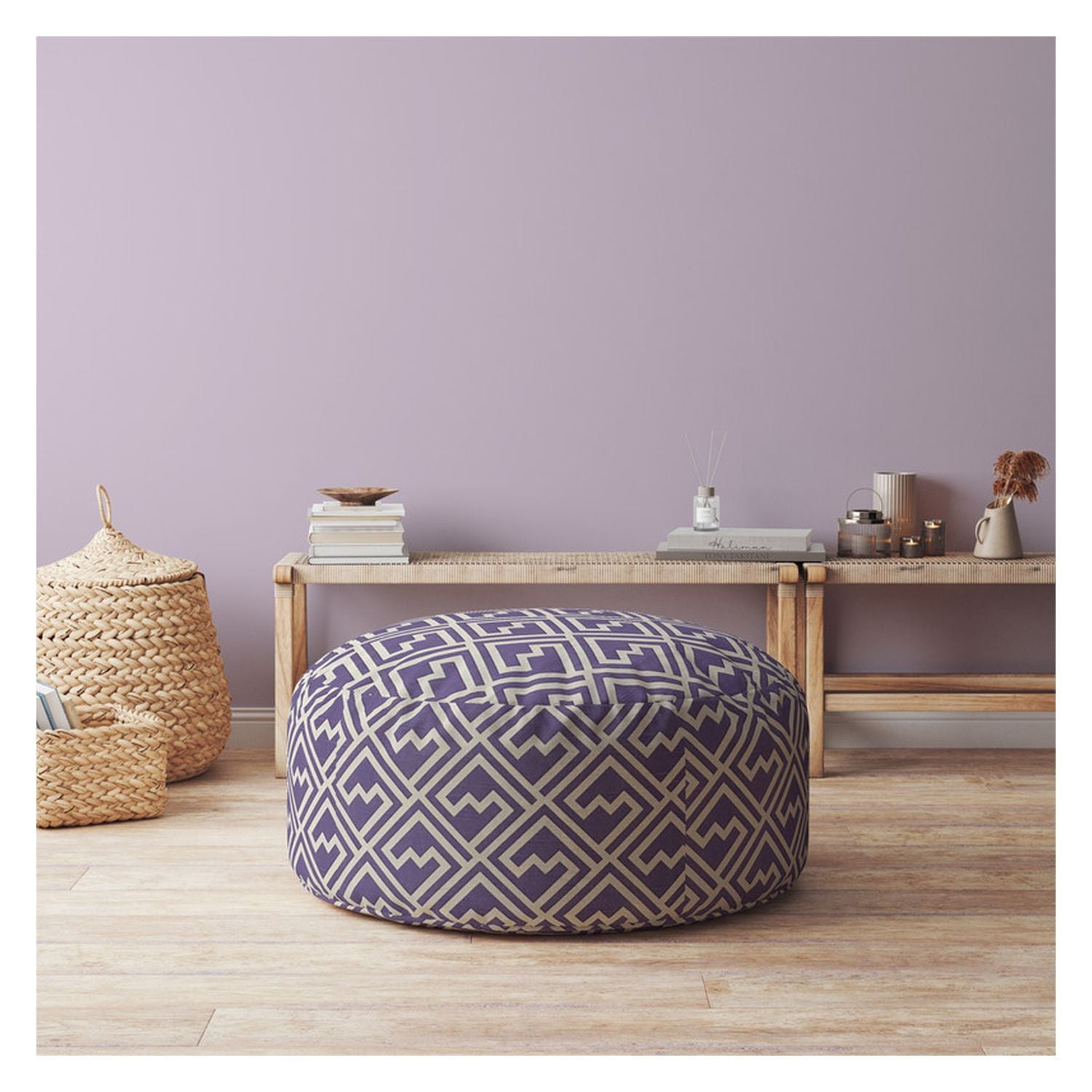 Cotton Round Abstract Pouf Cover - Purple / White