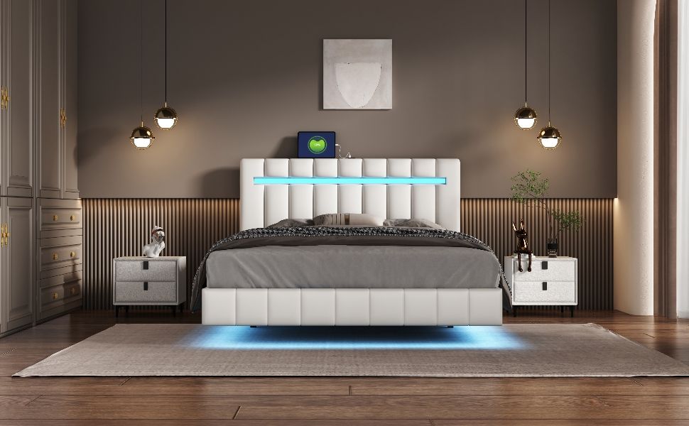 Queen Size Floating Bed Frame With LED Lights And USB Charging, Modern Upholstered Platform LED Bed Frame - White