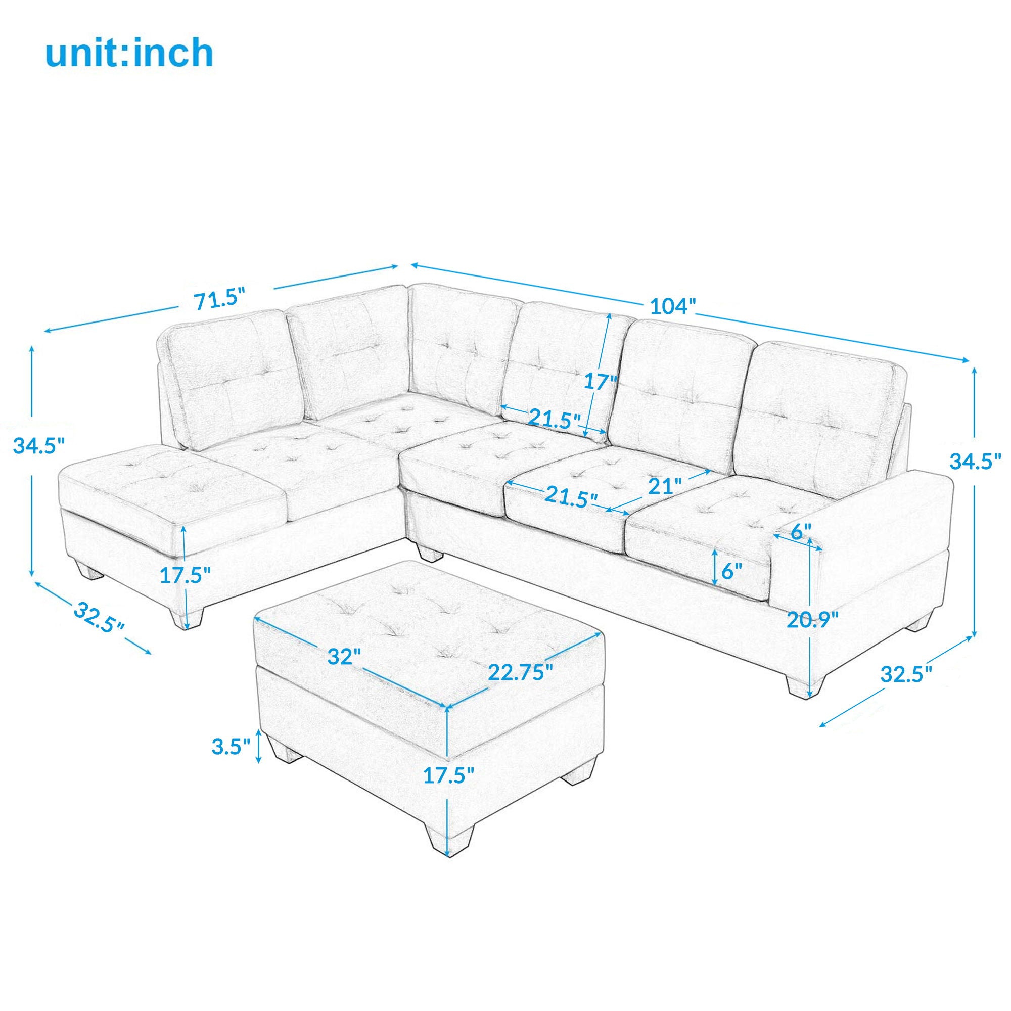 Sectional Sofa With Reversible Chaise Lounge, L-Shaped Couch With Storage Ottoman And Cup Holders