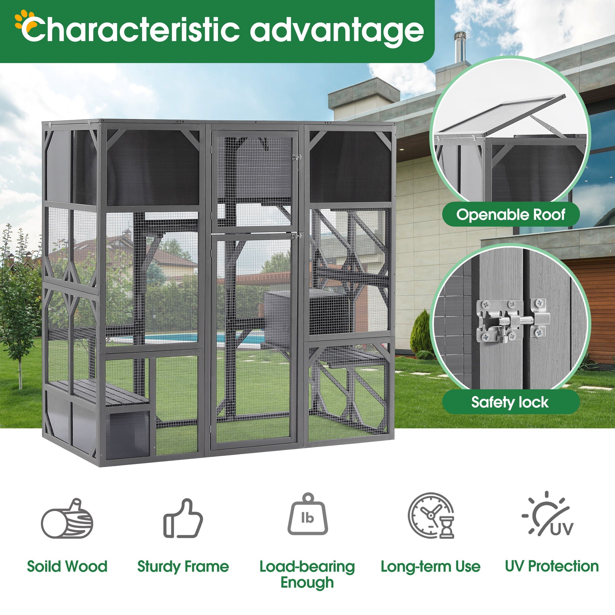 Outdoor Wooden Cat House Catio Enclosure With Super Large Enter Door Cat Kennel With Bouncy Bridge, Platforms And Small Houses Walk In Kitten Cage With Sunshine Board - Dark Gray