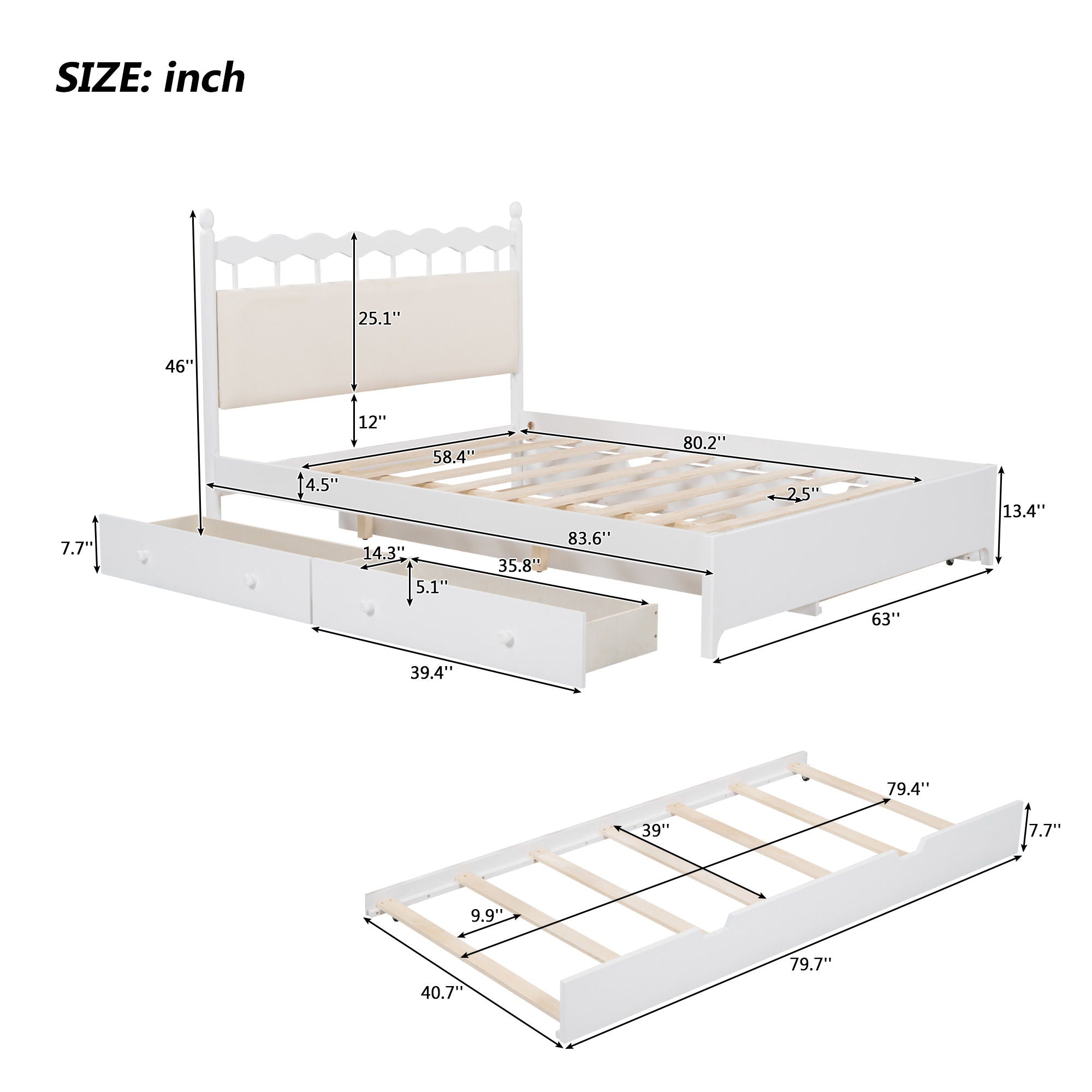 Wooden Storage Platform Bed, With 2 Big Drawers & Trundle