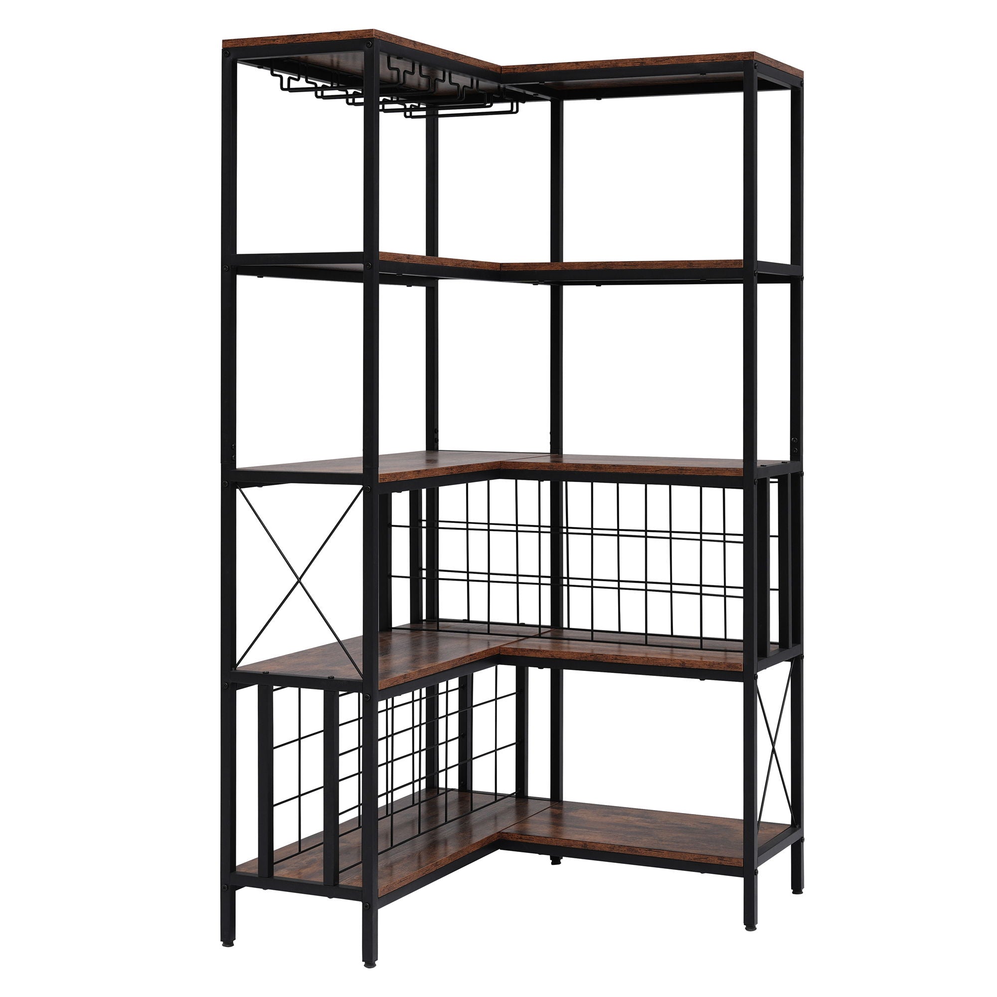 Corner Wine Rack Bar Cabinet Industrial Freestanding Floor Bar Cabinets For Liquor And Glasses Storage For Home Kitchen - Walnut / Black