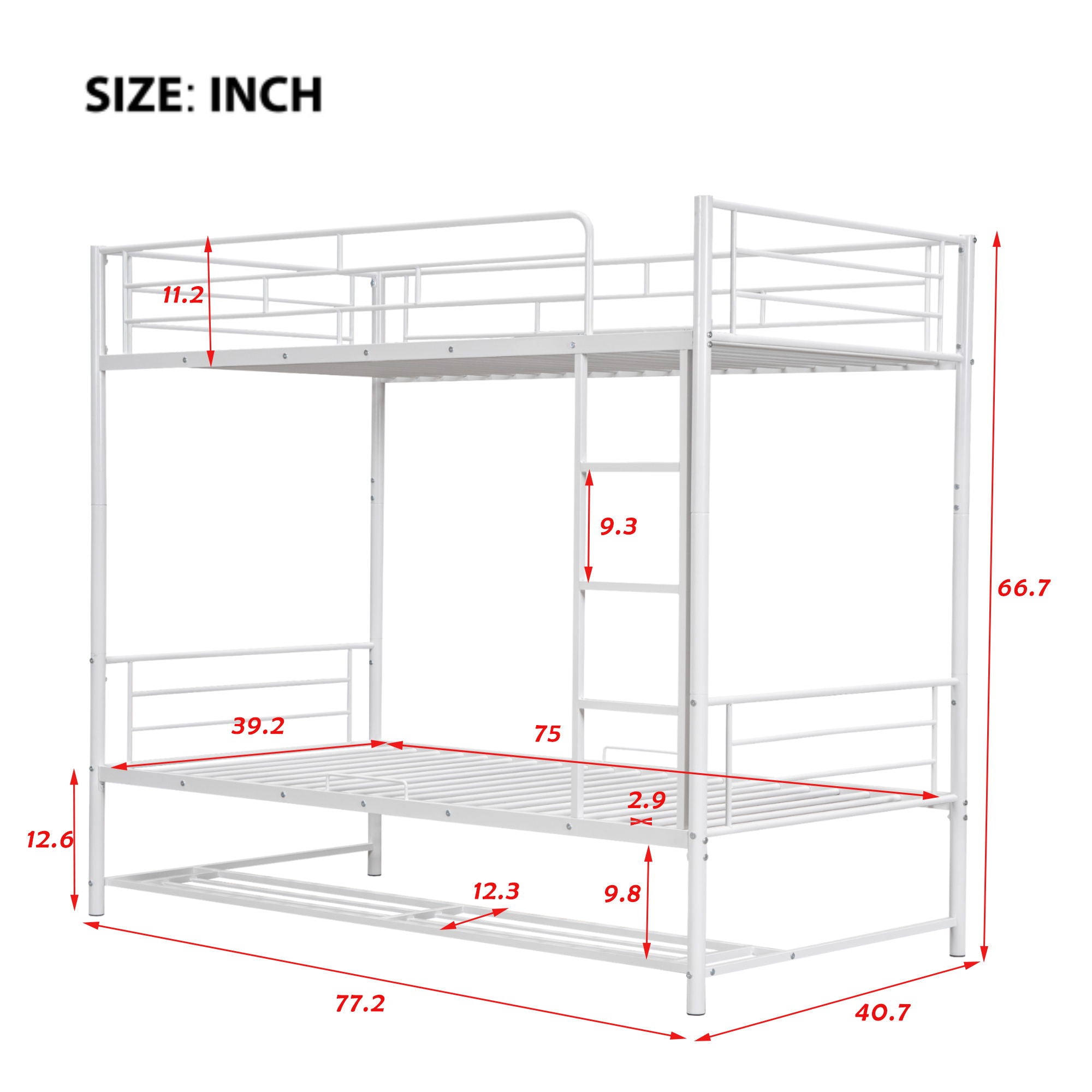 Twin Over Twin Metal Bunk Bed With Shelf And Guardrails