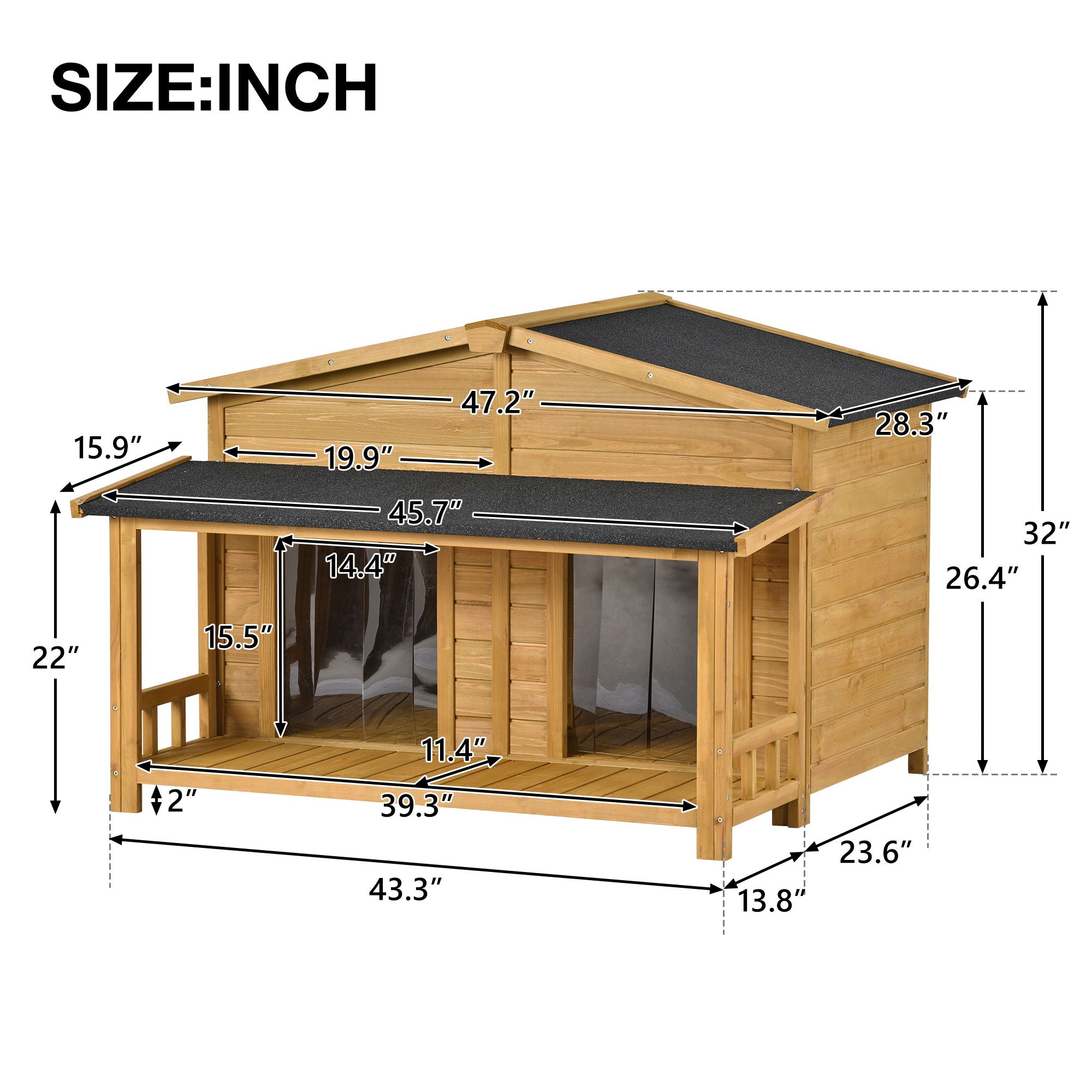 Large Wooden Dog House Outdoor / Indoor Dog Crate, Cabin Style, With Porch, 2 Doors