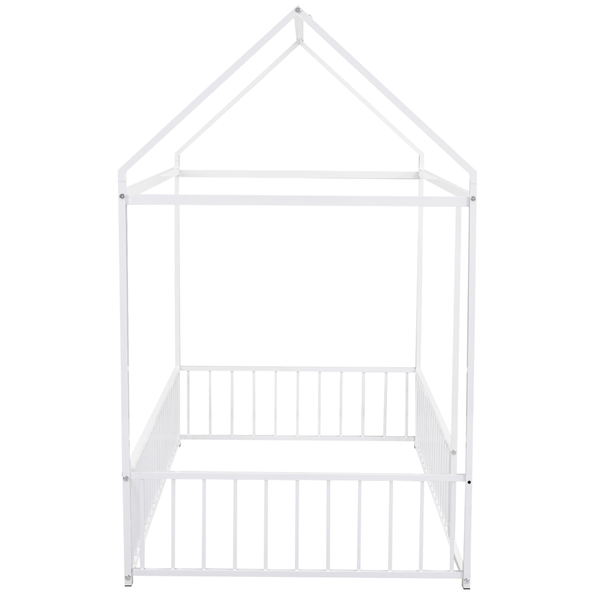 Twin Size Metal Bed House Bed Frame With Fence, For Kids, Teens, Girls, Boys