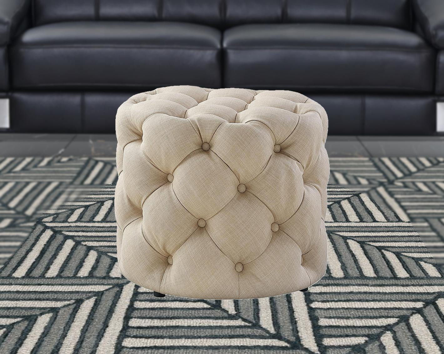 Linen Tufted Round Ottoman - Beige