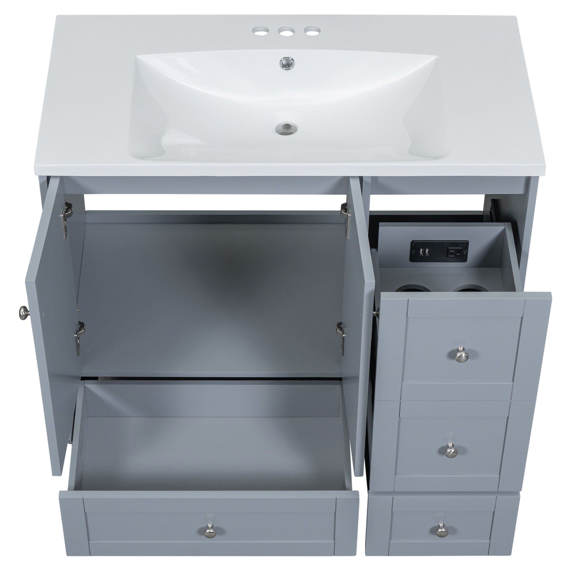 Modern Bathroom Vanity With USB Charging, Two Doors And Three Drawers Bathroom Storage Vanity Cabinet With Single Top, Small Bathroom Vanity Cabinet With Sink - White / Gray Blue