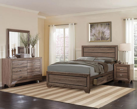 Kauffman - Transitional Storage Bed Bedroom Set Light Brown 4 Pc. Bed, Dresser, Mirror, Nightstand King by CoasterEveryday | Bel Furniture