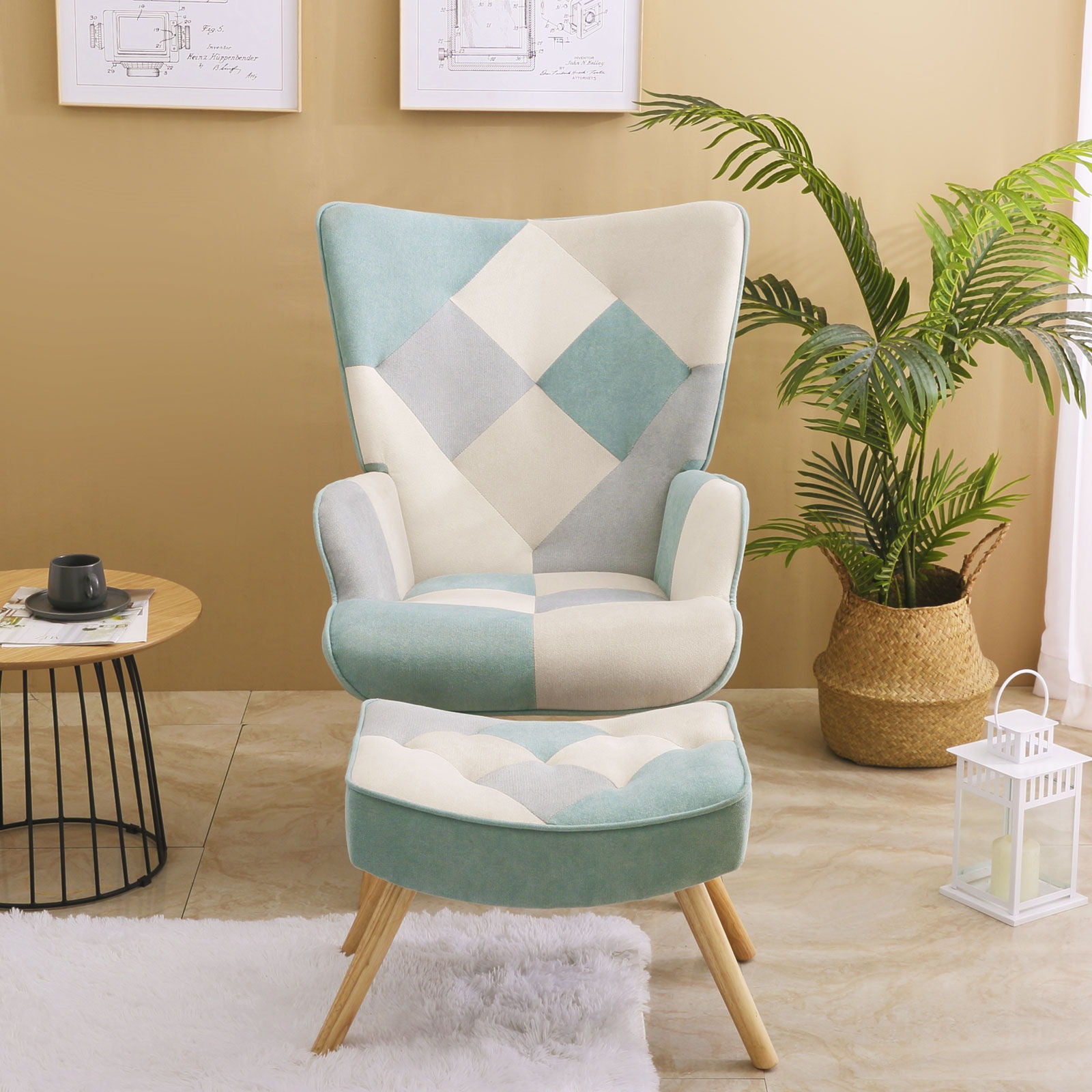 Accent Chair With Ottoman, Living Room Chair And Ottoman Set, Comfy Side Armchair For Bedroom, Creative Splicing Cloth Surface