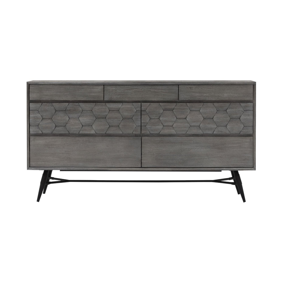 Honeycomb Carved Solid Wood Six Drawer Double Dresser - Gray