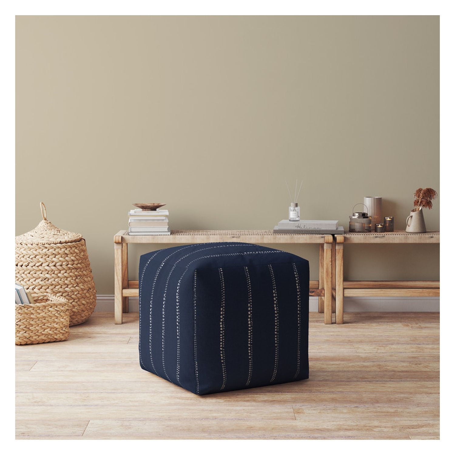 Cotton Striped Pouf Ottoman - Blue