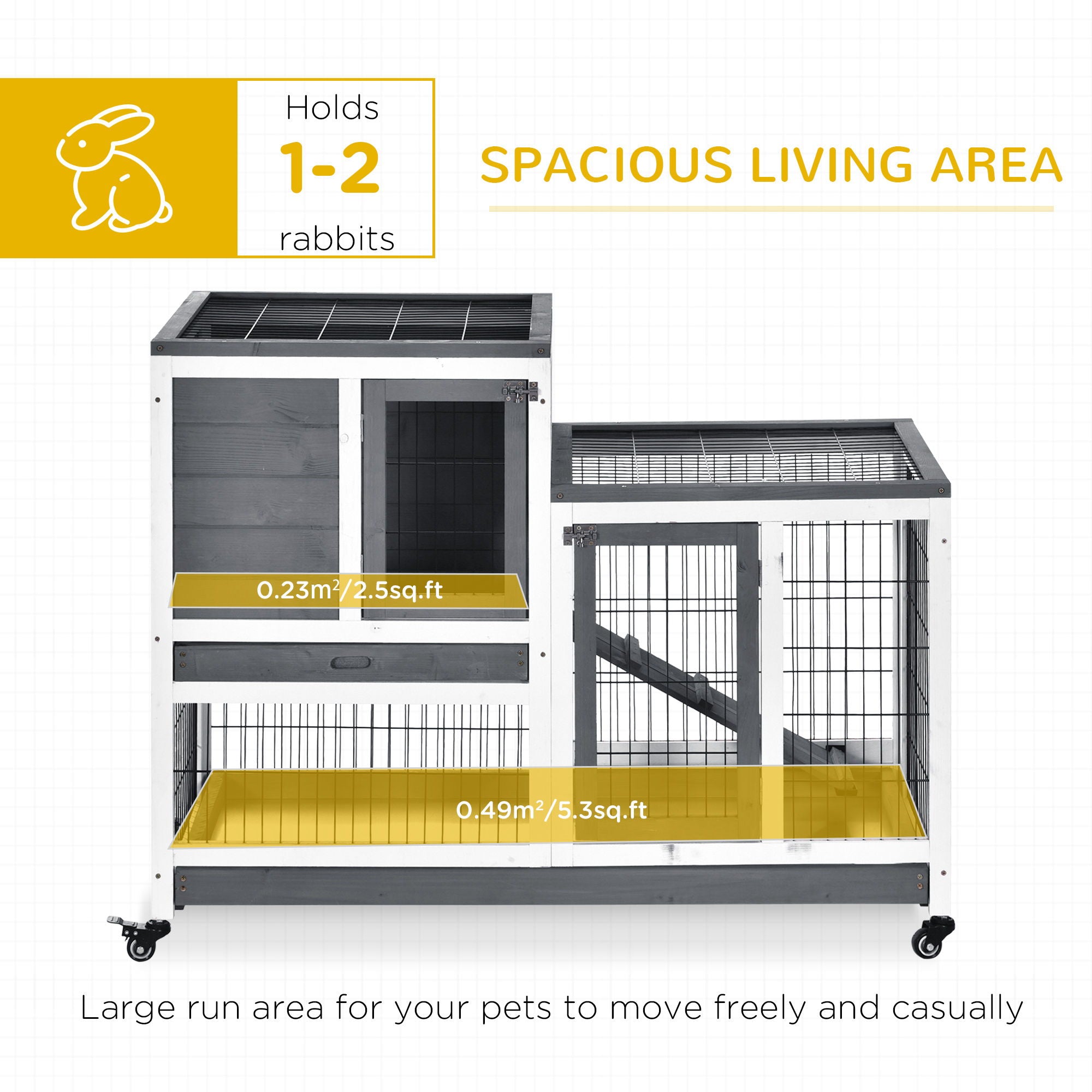 Pawhut - Wooden Rabbit Hutch Elevated Bunny Cage Indoor Small Animal Habitat With Enclosed Run With Wheels, Ramp, Removable Tray Ideal For Guinea Pigs - Gray