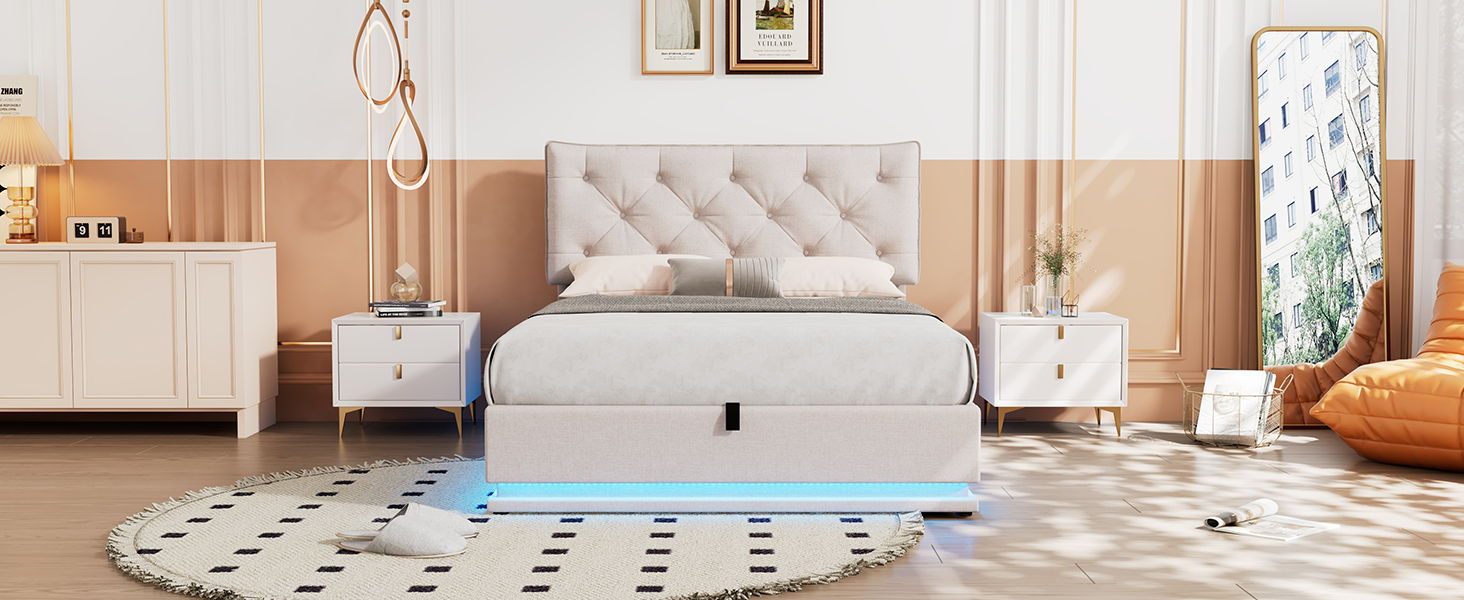 Upholstered Bed With Hydraulic Storage System And LED Light, Modern Platform Bed With Button-Tufted Design Headboard