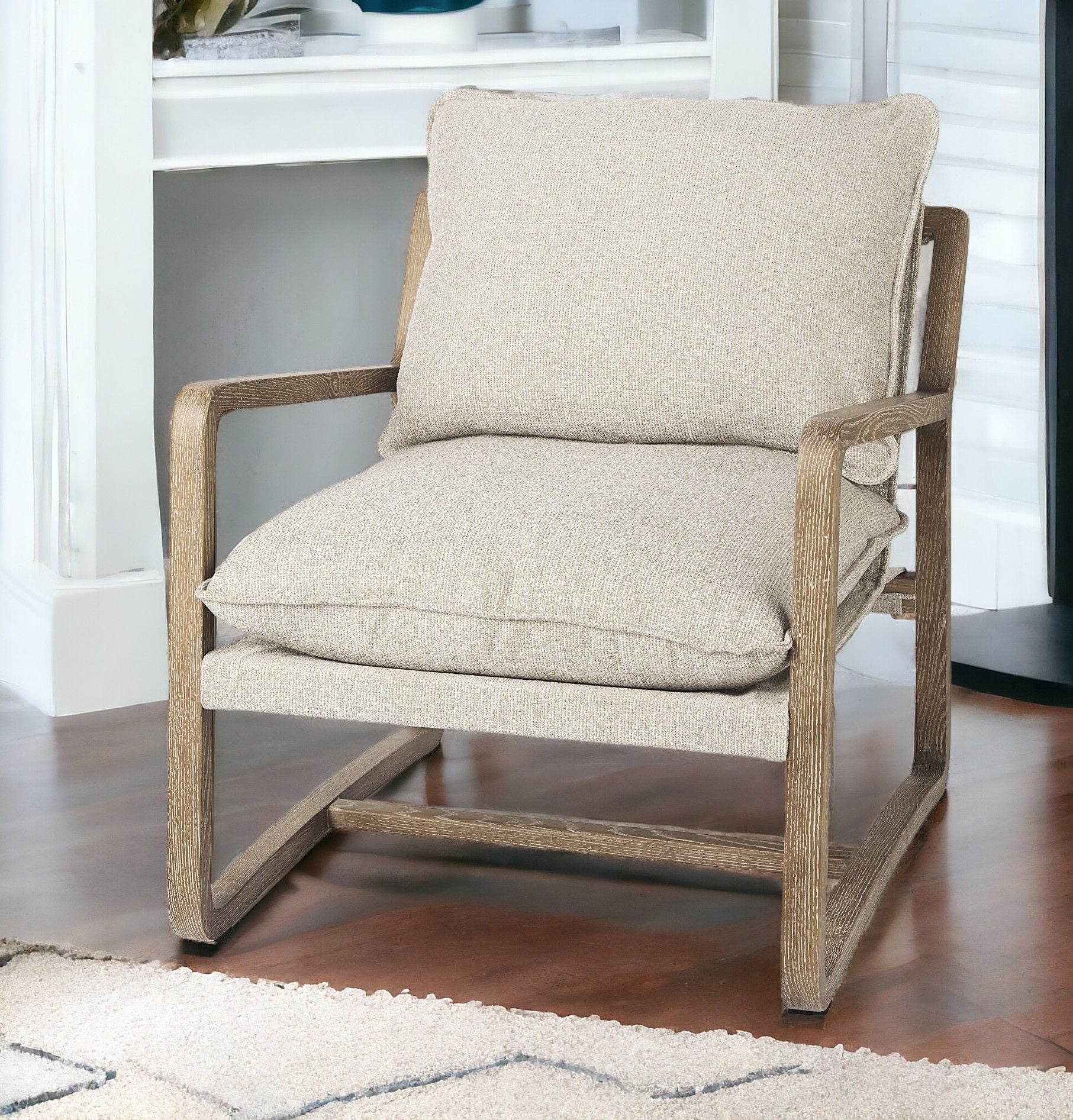 Wood Brown Fabric Lounge Chair - Beige