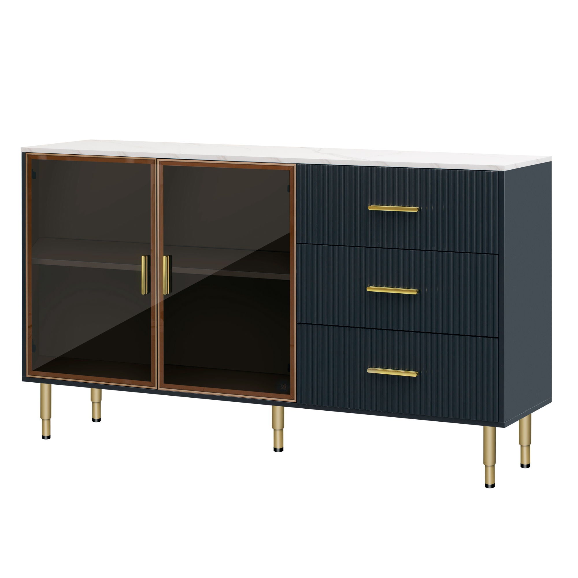 Modern Sideboard Buffet Cabinet Marble Sticker Tabletop And Amber-Yellow Tempered Glass Doors With Gold Metal Legs & Handles