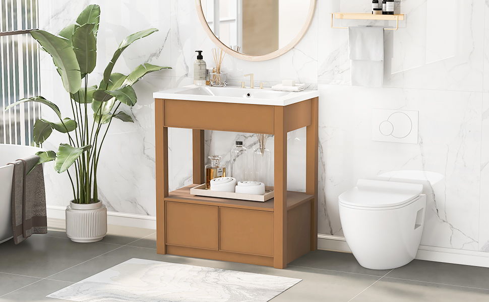 Bathroom Vanity With Sink Top, Bathroom Cabinet With Open Storage Shelf And Two Drawers - Brown