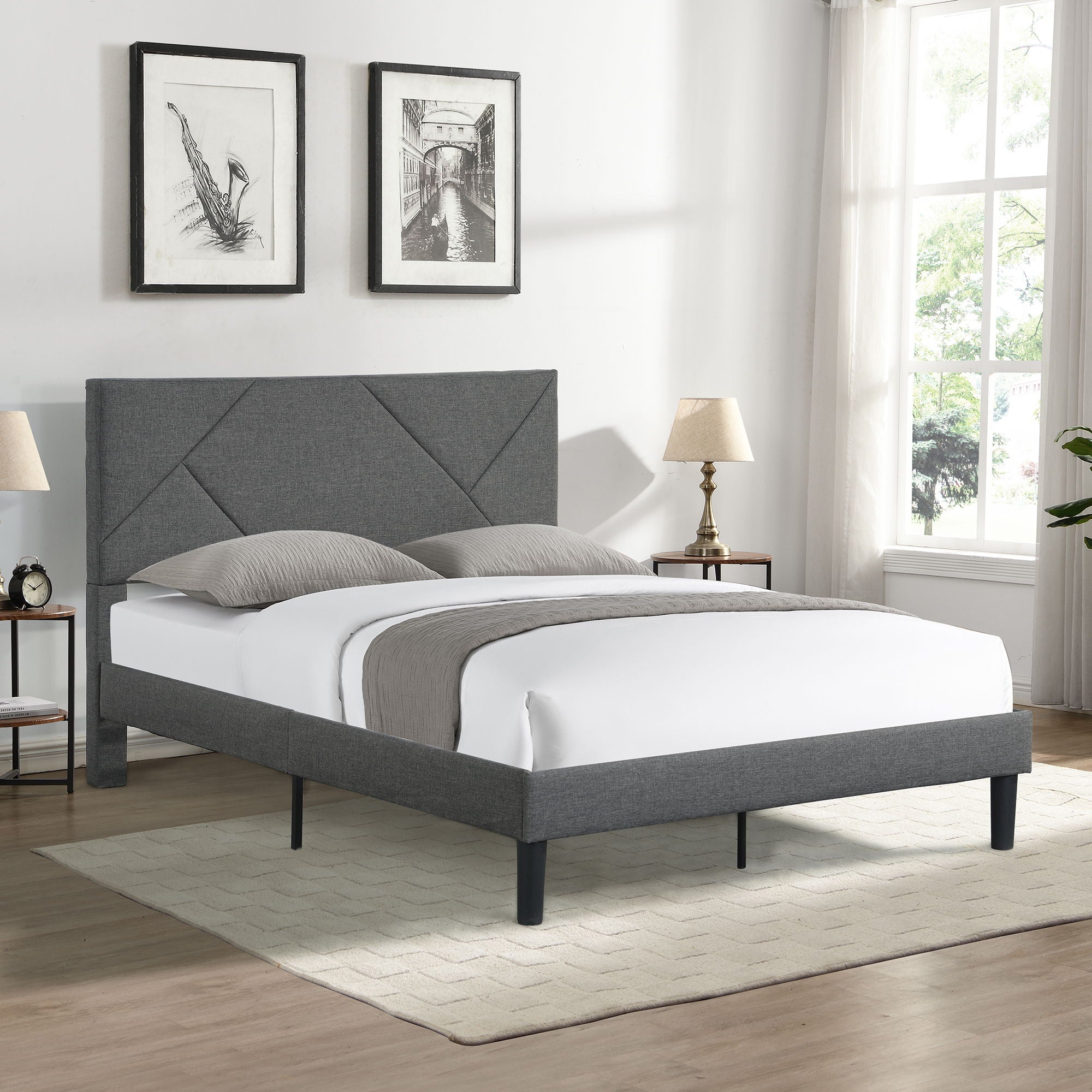 Queen Size Upholstered Platform Bed Frame With Headboard, Strong Wood Slat Support, Mattress Foundation, No Box Spring Needed - Dark Gray