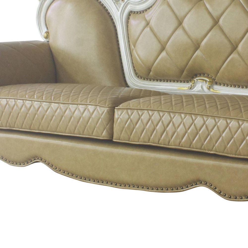 Faux Leather Sofa And Toss Pillows With Pearl Legs - Golden Brown