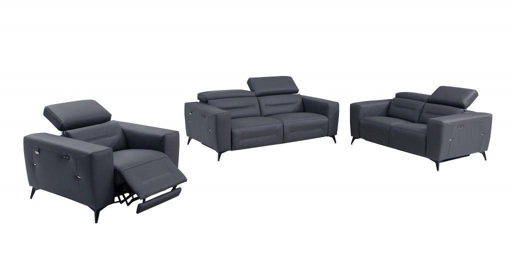 Three Piece Indoor Six Person Italian Leather Seating Set - Dark Gray