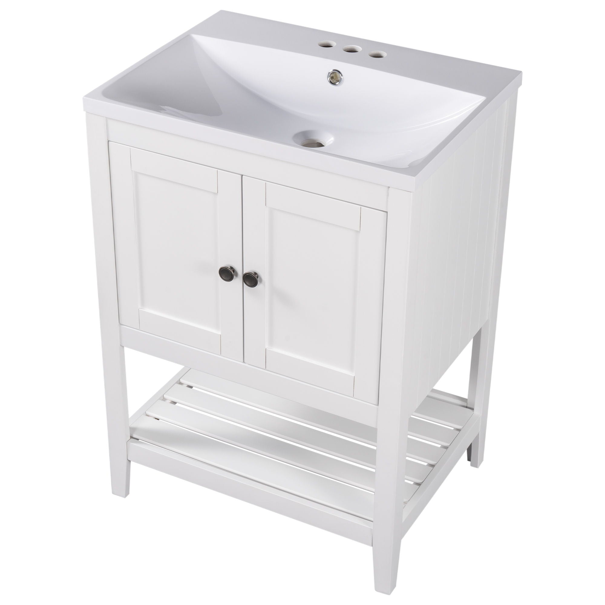 Modern Sleek Bathroom Vanity Elegant Ceramic Sink With Solid Wood Frame Open Style Shelf - White