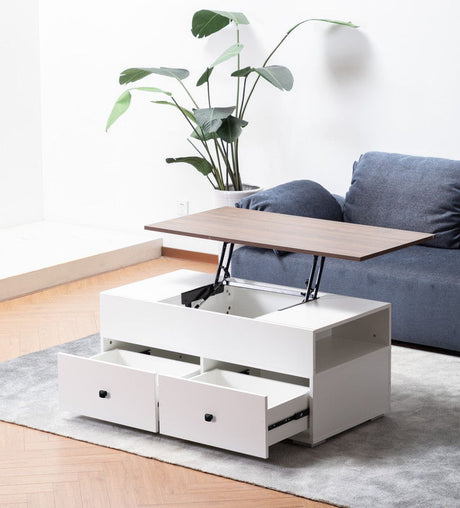Luna - Coffee Table With Walnut Finish Lift Top, 2 Drawers, And 2 Shelves - White And Brown by Lilola Home | Bel Furniture