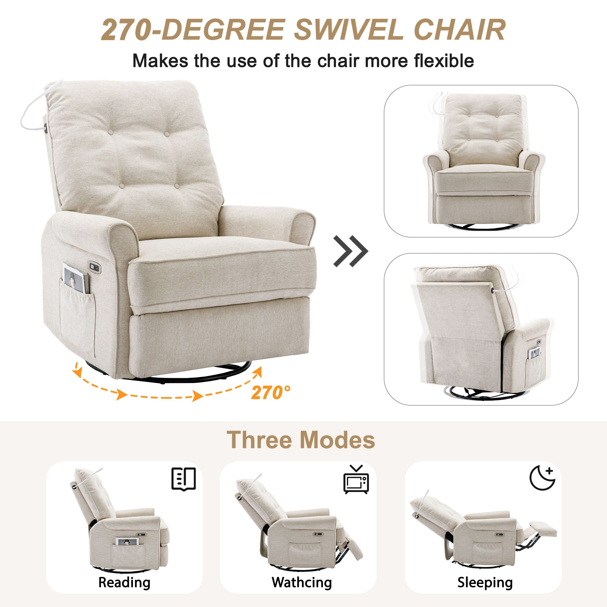 Reclining Chair 270 Degree Swivel Recliner Chairs With USB Port, Side Pocket And Touch Sensitive Lamp For Living Room, Bedroom